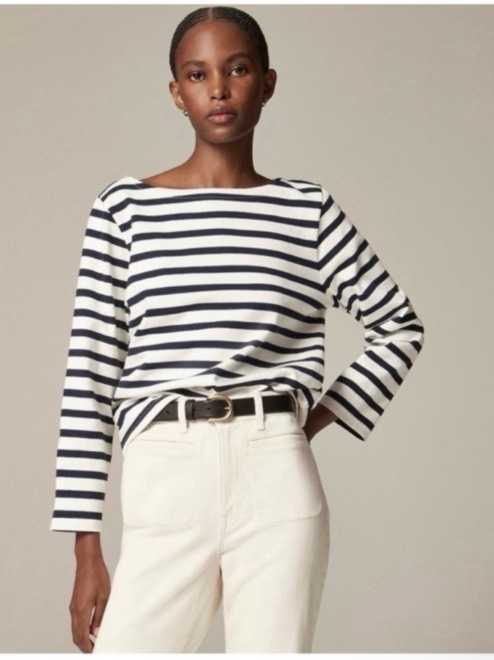 J. Crew Classic Mariner Cloth Boatneck T-shirt in striped ivory and navy. Large.
